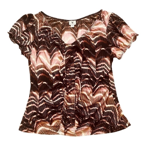 Worthington stretch flowy blouse/top geometrical ruched front bell short sleeves - Picture 6 of 13